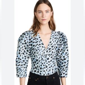 GANNI Crispy Jacquard puff sleeve top in Egret